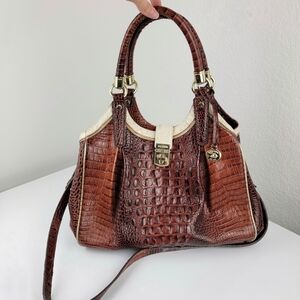 Brahmin Elisa Medium Hobo Crocodile Embossed Pecan White Shoulder Crossbody Bag